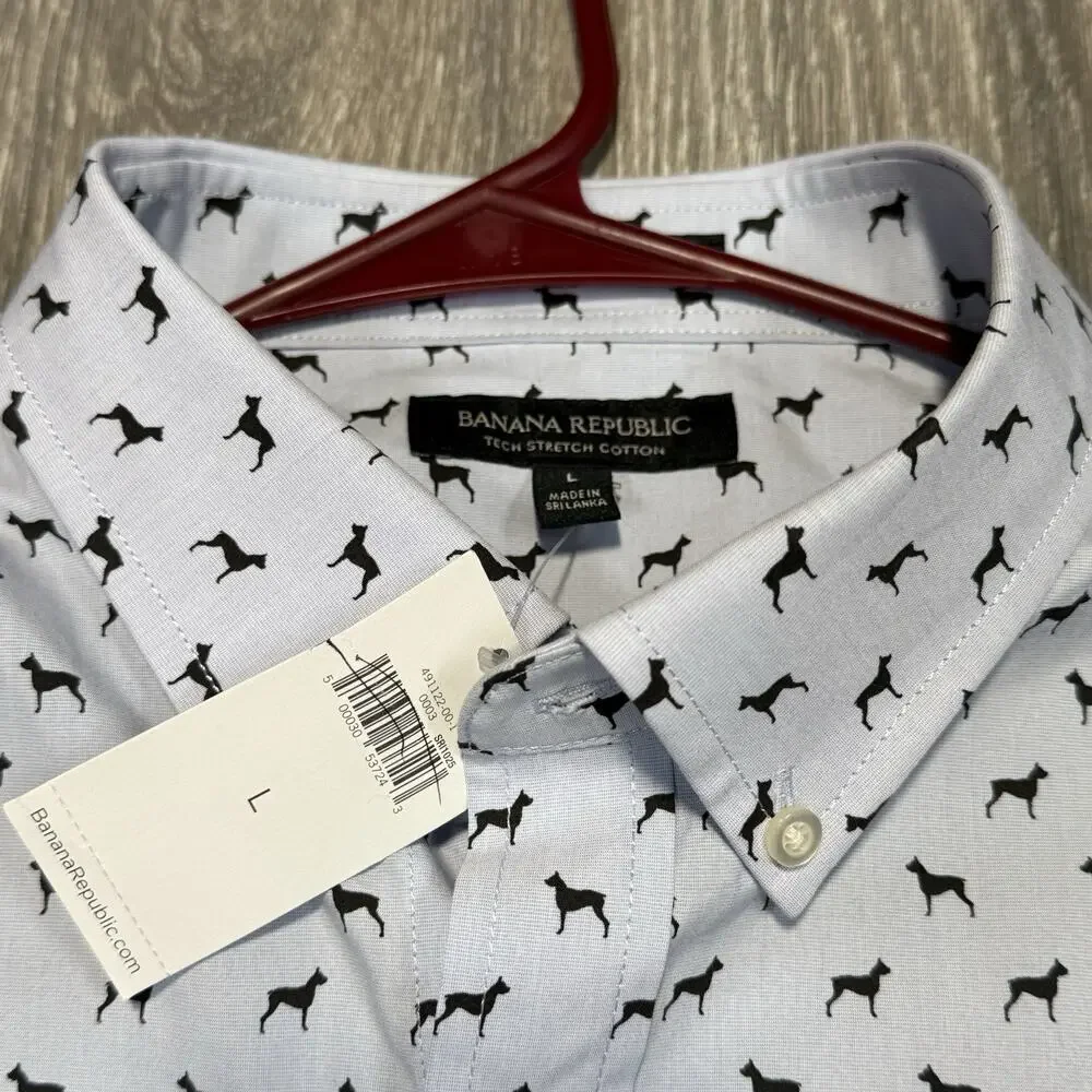 Banana Republic Mens All Over Dog Print Button Down Stretch Dress Shirt Sz L NWT
